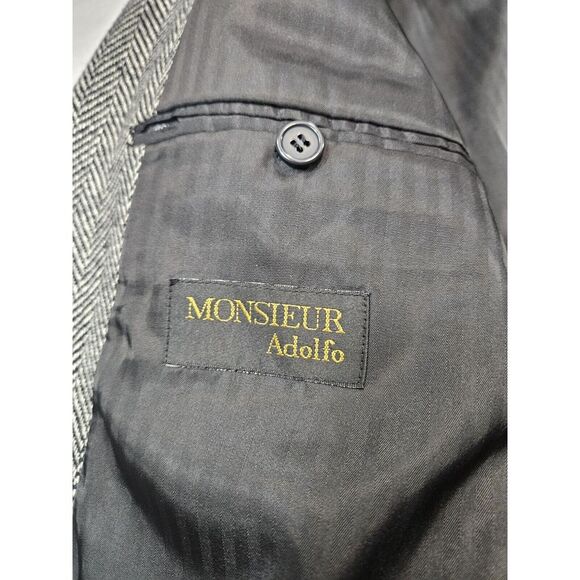Monsieur Adolfo Mens 46 L 2 Button Wool Herringbone Tweed Sports Coat Blazer - Picture 7 of 12